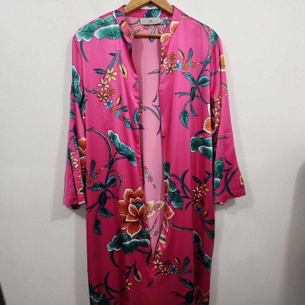 Natori Hot Pink Satin Floral Caftan Mandarin neckline Womens S Resort Lounge - Picture 5 of 11